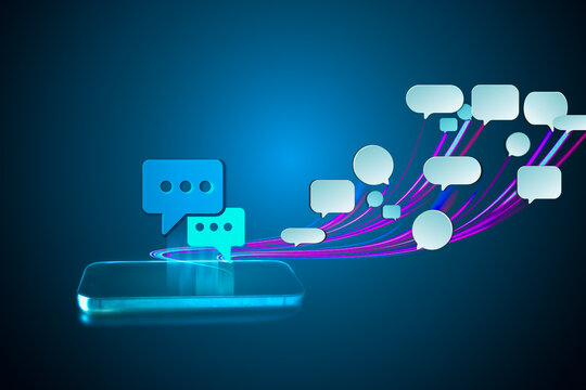 Smartphone with digital chat bubbles and light trails on blue background