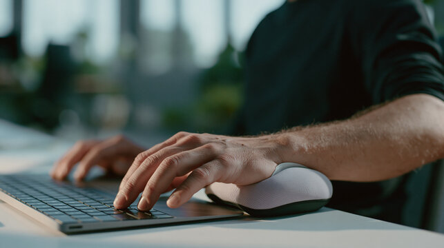 Person's hands typing on a laptop keyboard. the person is wearing a black t-shirt and is sitting at a desk with a blurred background. the laptop is open and the keyboard is placed on a white surface.