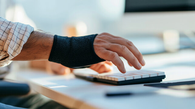Person's hand resting on a keyboard. the hand is wearing a black wristband and appears to be typing on the keyboard.