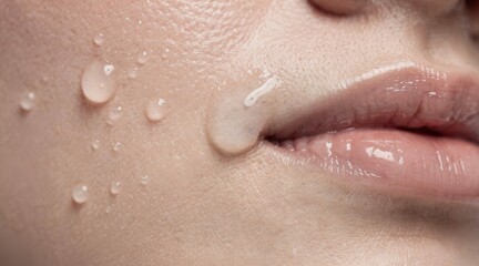Naklejka premium Close-up of hydrating face serum application on clean skin for beauty and skincare treatment