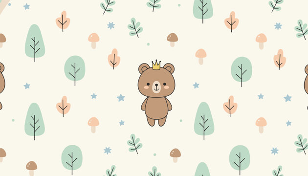 Seamless pattern with cute bear wearing a crown in a forest