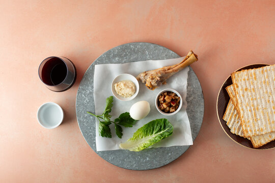 A top down view of a seder meal.