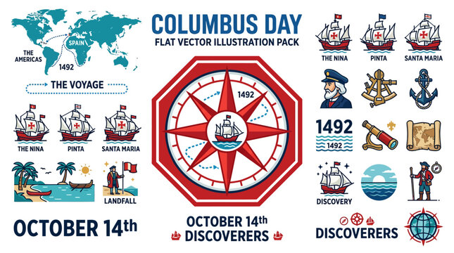 Columbus Day flat vector illustration pack