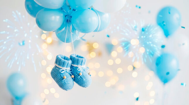 Blue knitted baby boots on balloons against a festive background. Banner or greeting card for a baby's birthday or gender reveal