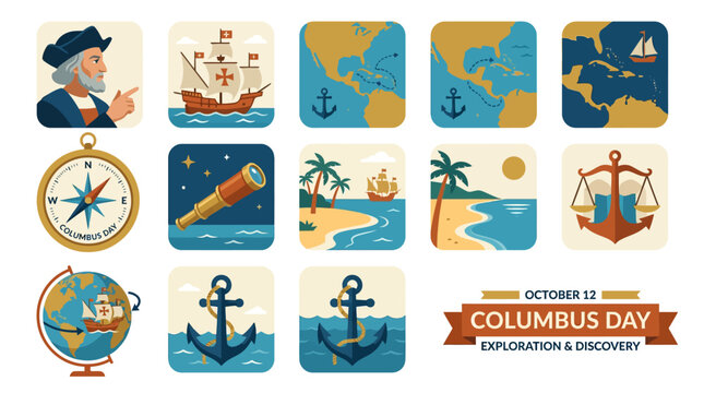 Columbus Day Icons: Exploration, Discovery, Ships, Maps, Globe, Compass