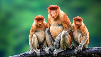 Three Proboscis Monkeys Sitting on a Branch in Lush Green Forest © erna