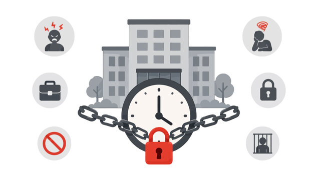 Business lockdown concept with clock and chains representing workplace restrictions and corporate limitations on a minimalist grey background for office stress