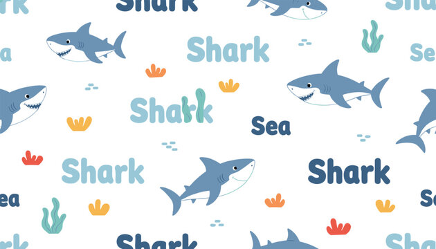 Cute seamless pattern with blue sharks and sea plants