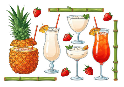 Lay flat vector illustration set of tropical pi&ntilde;a colada and rum punch cocktails with fruit on a white background. Festive refreshing drink set