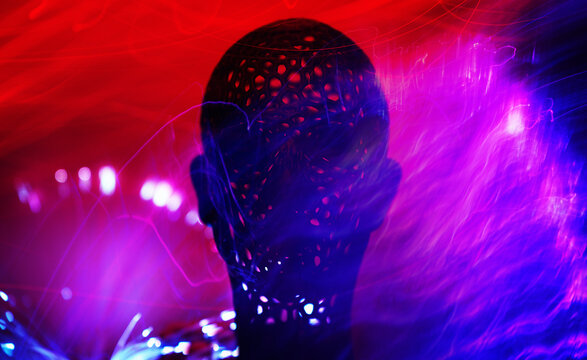 Futuristic artificial intelligence avatar head with neon lights