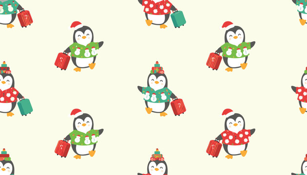 Seamless pattern with penguins wearing holiday shirts and suitcases