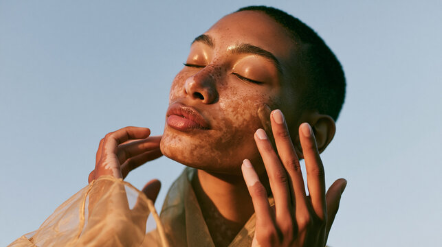 Close-up portrait of a young african-american woman with her eyes closed and her hands gently touching her face.