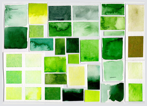 Collection of green watercolor paint swatch samples on paper