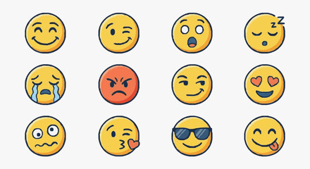 Fototapeta premium Elegant Set of Twelve Colorful Emoticon Faces with Distinct Expressions and Accessories for Digital Use