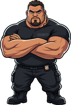 Pixel art muscular security guard with arms crossed, stern expression, wearing a black t-shirt with 'SECURITY' and utility pants, concept for protection and safety