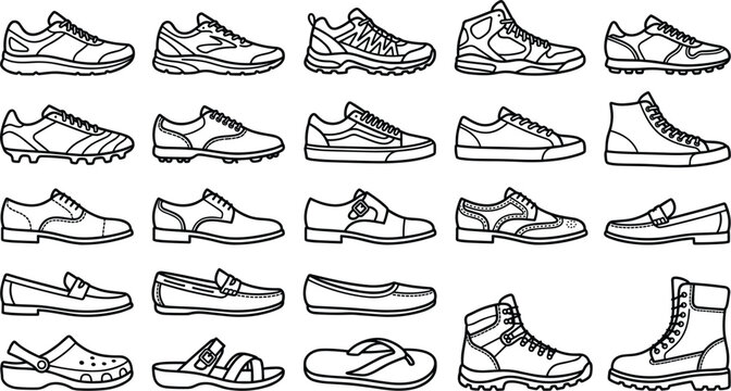 Footwear and Shoe Type Line Icon Set with Athletic Running Sneakers Soccer Cleats Dress Oxfords Loafers Casual Canvas Shoes and Winter Boots Vectors