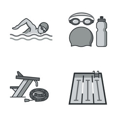 Swimming athlete with equipment icons. © Azkiya