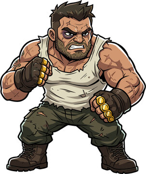 Pixel art tough fighter character with ripped tank top, brass knuckles, and bruised eye, ready for combat
