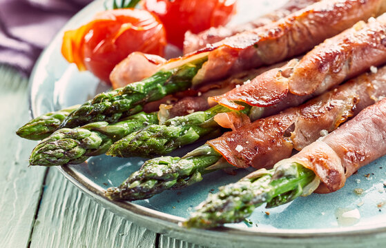 Plate of asparagus ham rolls