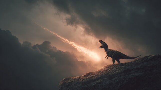 Gigantic tyrannosaurus rex roaring at falling meteorite with cloudy sky in the background, representing the cretaceous paleogene extinction event that wiped out dinosaurs