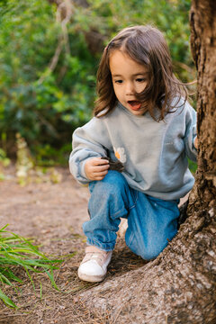 Explorer crouches by a tree holding wood during a walk