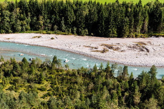 Aerial view of the Lech river in the Tyrolean Lech Nature Park
