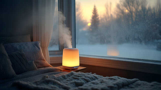 Cozy Winter Morning Ambiance with Essential Oil Diffuser by Frosted Window