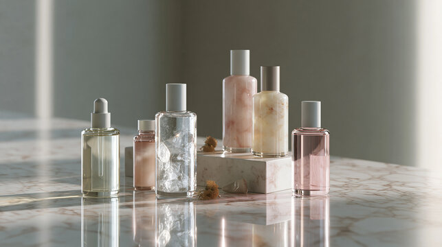 Group of six perfume bottles arranged on a marble countertop. the bottles are of different sizes and shapes, with the largest one in the center and the smallest one on the left.