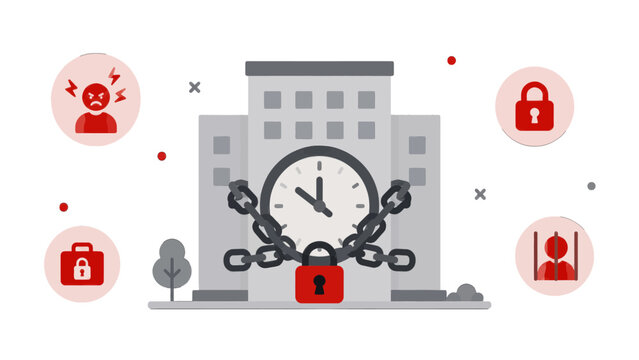 Corporate lockdown concept illustration featuring a clock bound by heavy chains with padlock and icons representing workplace restrictions
