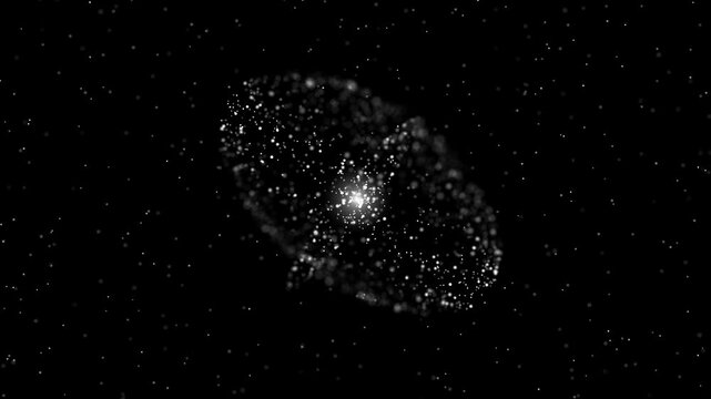 Abstract animation shows glowing particle spinner rotating smoothly in seamless loop. Abstract video creates futuristic scientific visualization with luminous dots against black background.