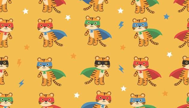 Seamless pattern of cute tiger superheroes in capes and masks