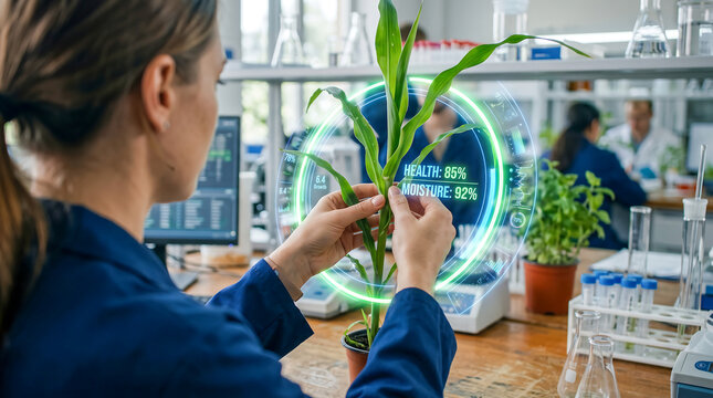 Agricultural technology engineer analyzing plant growth and moisture level inside modern research facility, ECO science