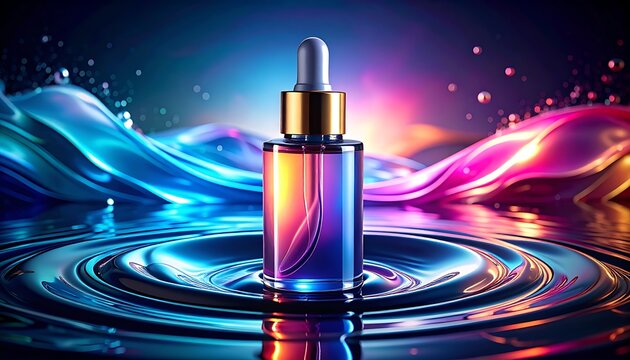 A colorful dropper bottle sits in rippling water with vibrant hues