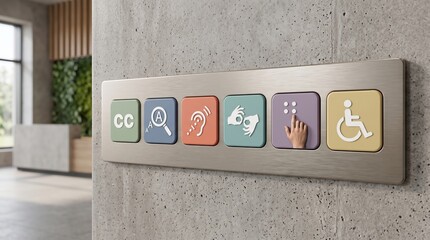 Accessibility signage panel featuring inclusive icons for disability support and universal design in a modern office lobby environment for equal access