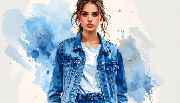 Girl wearing a denim jacket with a casual outfit posing coolly watercolor illustration showcasing vintage denim texture and professional relaxed vibes generative AI