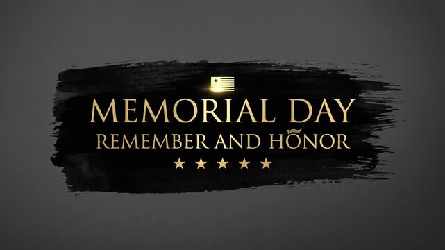 Golden Memorial Day text on black brush stroke background with stars and flag