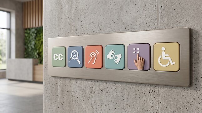 Accessibility signage panel featuring inclusive icons for disability support and universal design in a modern office lobby environment for equal access