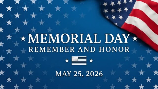 Memorial Day greeting banner with American flag and stars on blue background