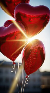 Multiple shiny red heart shaped balloons ascend against a bright sky with sun flare
