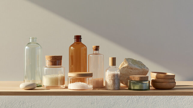 Collection of glass bottles and jars on a wooden shelf against a white wall. there are six bottles in total, three of which are tall and cylindrical with cork stoppers.