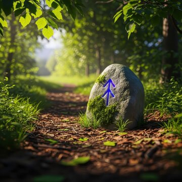 A solitary stone found on a woodland path serving as a cryptic marker or hint for a hidden objective or direction in nature, exploration, solving, solve