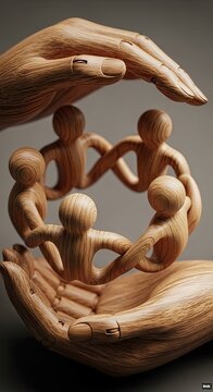 Sculpted wooden hands cradle a ring of stylized human figures demonstrating unity and support