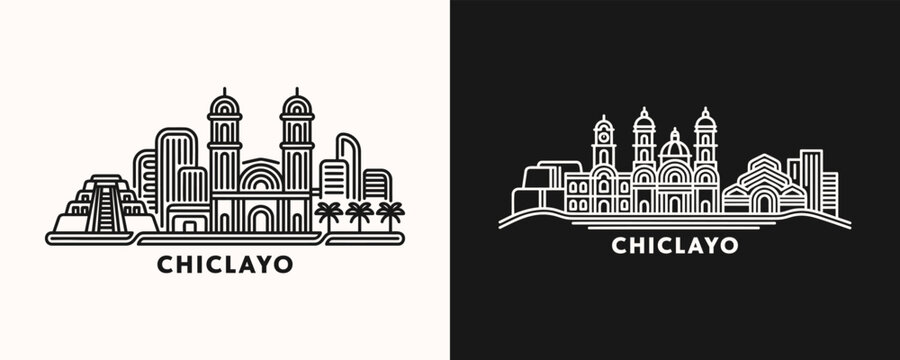 Chiclayo Skyline Cityscape Illustration Featuring Historic Cathedral Architecture and Northern Peru Landmarks in Minimal Linear Graphic Style