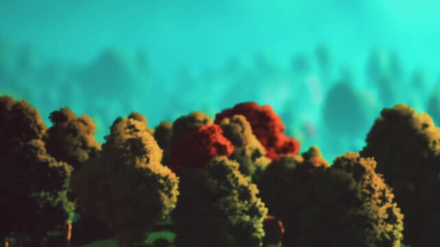 The scene shows a collection of trees with vibrant colors in a forest. The trees appear lush and full, showcasing shades of green, red, and yellow. The sky is bright and clear.