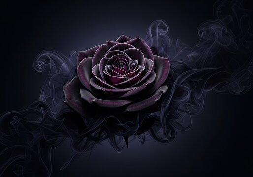 Dark and mysterious floral imagery. An intense black rose enveloped in swirling, ephemeral black smoke on a deep, dark backdrop, darkness, concept, mourning