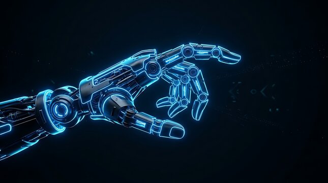 Futuristic robotic hand reaching out with glowing neon blue lines on a dark background