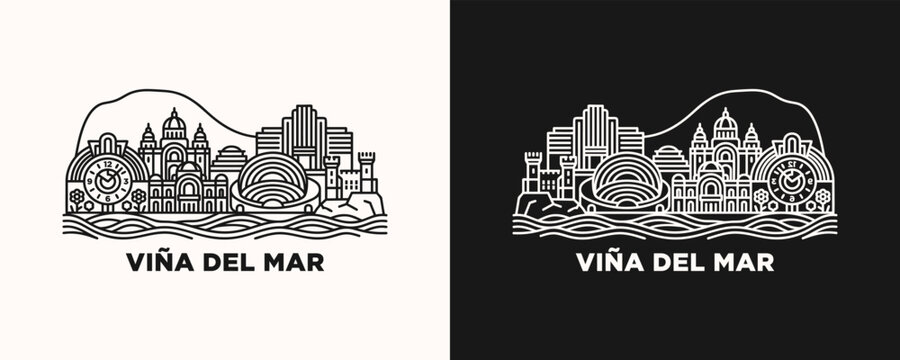 Vina del Mar Skyline Cityscape Illustration Featuring Chilean Coastal Resort Architecture and Garden City Landmarks in Linear Style