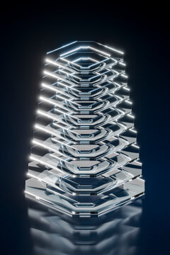 Abstract 3d geometric glass shape stack reflecting light