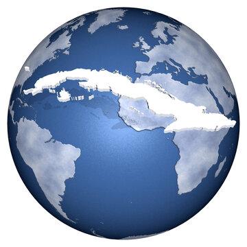 Sagoma di Cuba sovrapposta al globo terrestre, simbolo di identit&agrave; nazionale, presenza internazionale e connessione con i Caraibi e le Americhe.
