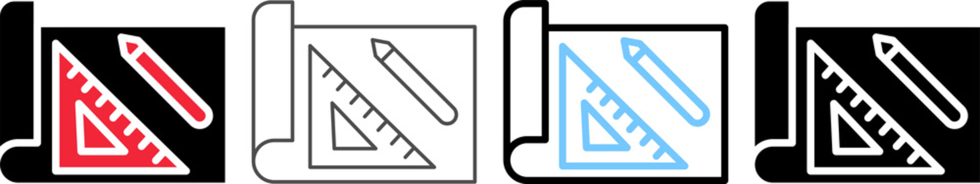Drafting Tools Icon Set in Filled, Outline Color and Outline Line Styles. 